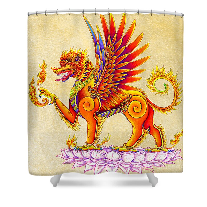 Singha Shower Curtain featuring the drawing Singha Balinese Winged Lion by Rebecca Wang