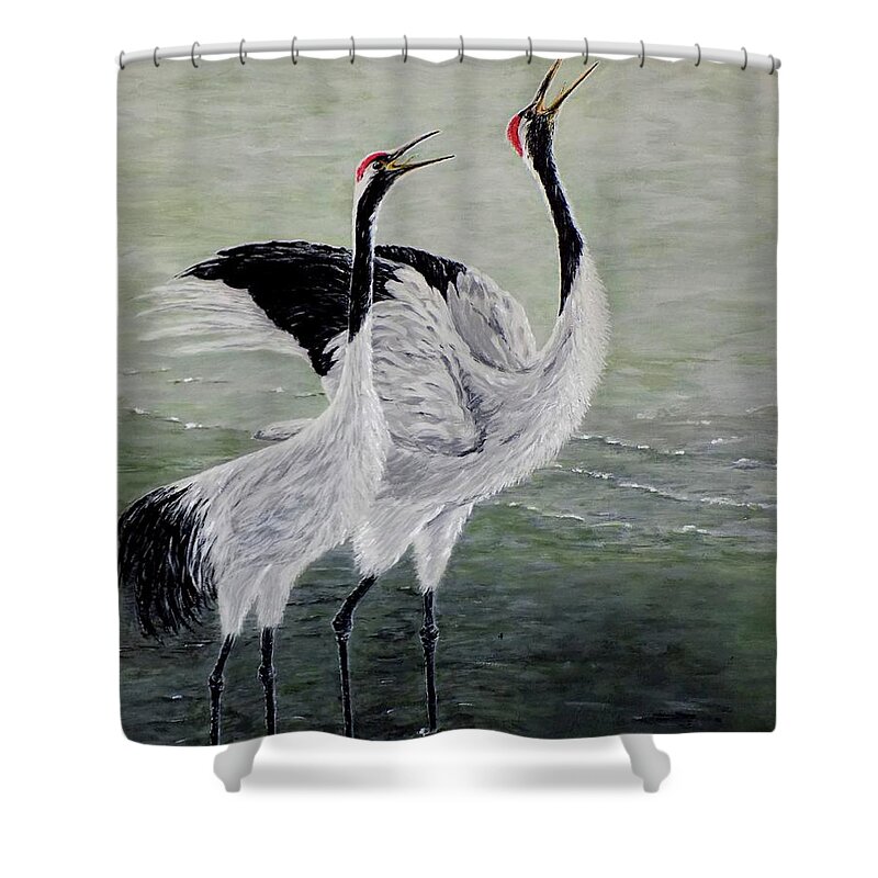 Bird Shower Curtain featuring the painting Singing Cranes by Judy Kirouac