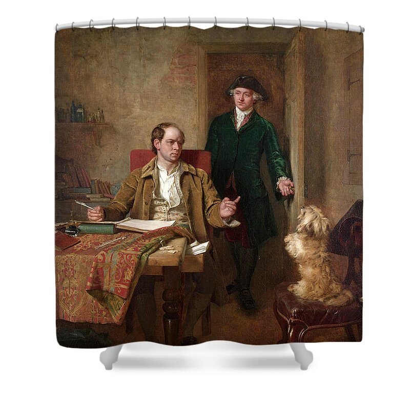 John Faed Shower Curtain featuring the painting Sir Joshua Reynolds Visiting Goldsmith in his Study by John Faed