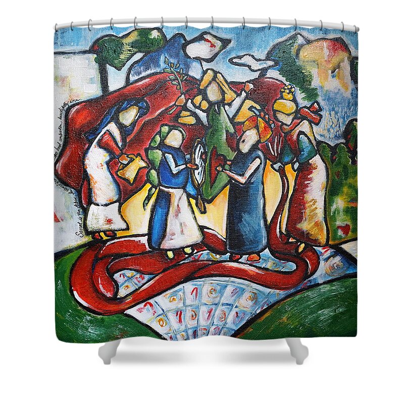 Sisters Shower Curtain featuring the painting Sisters by Theresa Marie Johnson