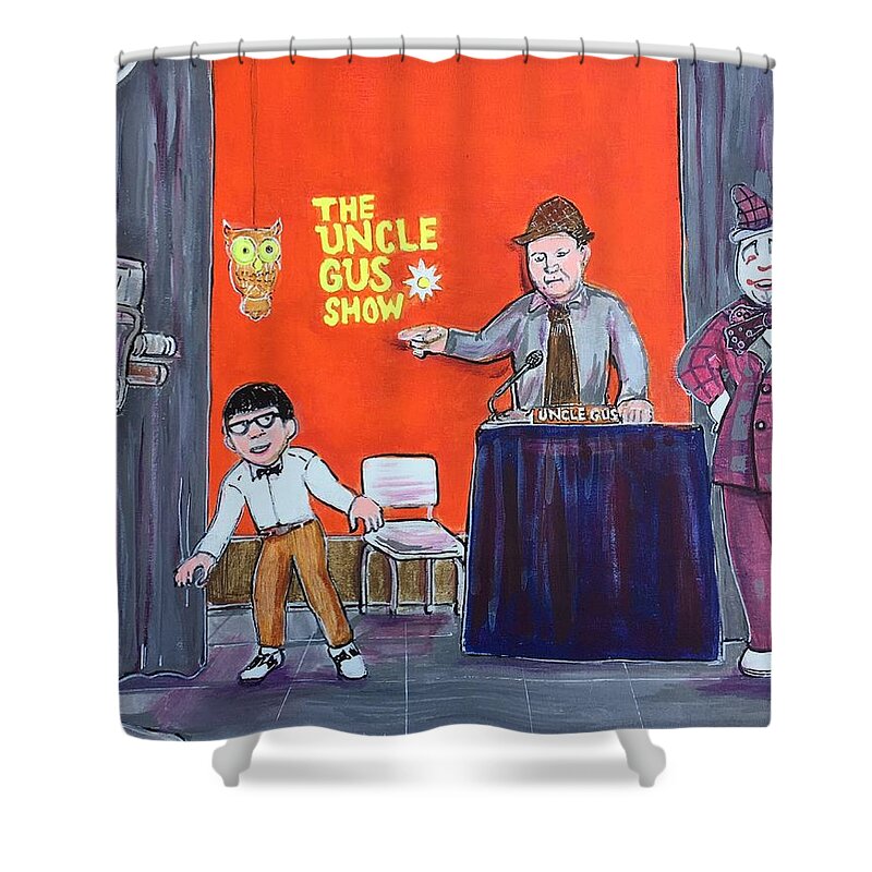 Clown Wmur Kiddie Show Coulrophobia Cartoon Mr. Magoo Uncle Gus Manchester New Hampshire 1970's Shower Curtain featuring the painting Sit Down You Little Bastard by Jonathan Morrill