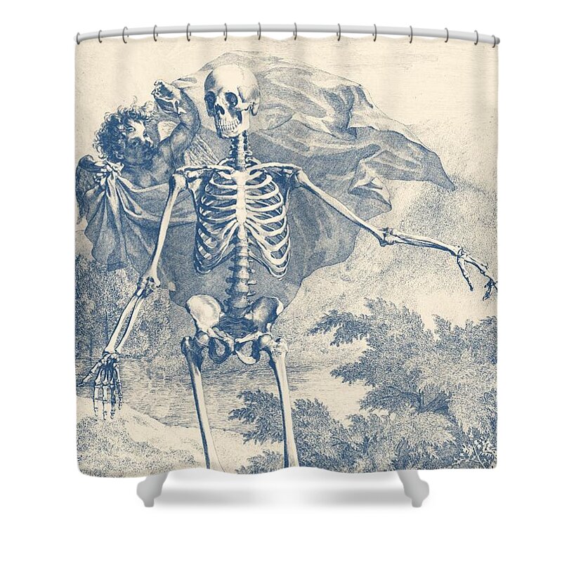Skeletons And Angels Shower Curtain featuring the drawing Skeleton and Angel in the Wilderness by Vintage Anatomy Prints