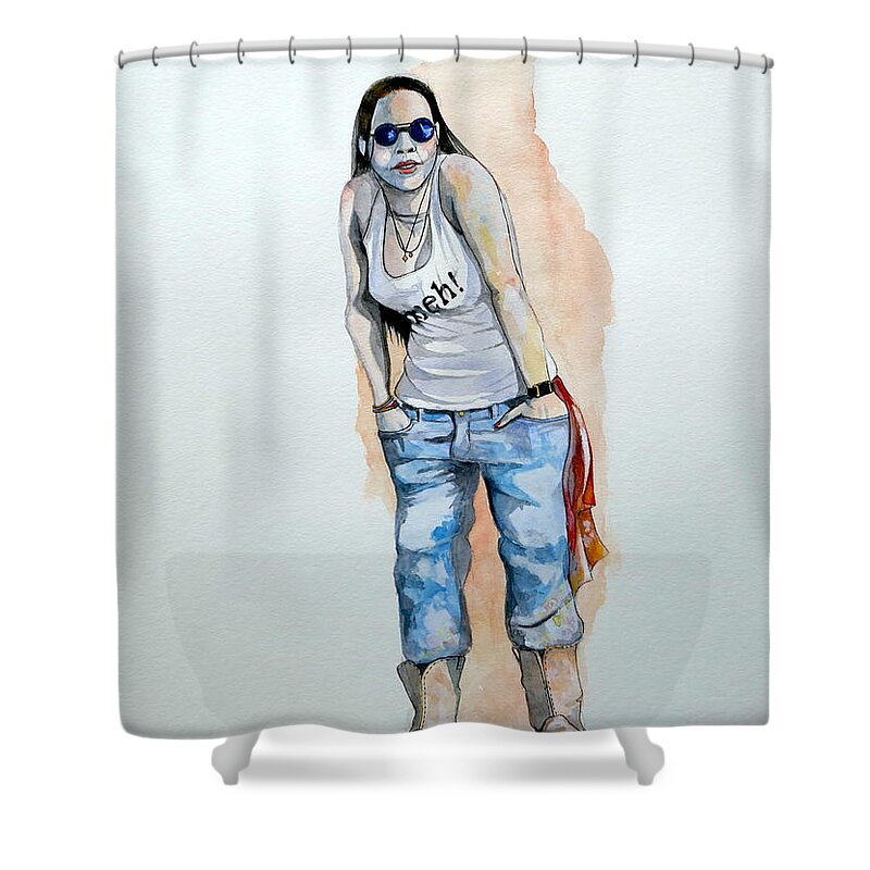 Female Shower Curtain featuring the painting Sketch for Meh by Ray Agius