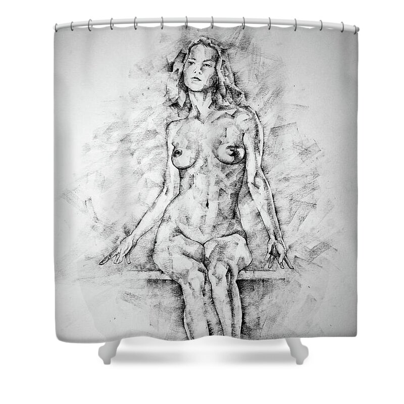 Art Shower Curtain featuring the drawing SketchBook Page 39 Drawing Female Full Body Sitting Front Pose by Dimitar Hristov