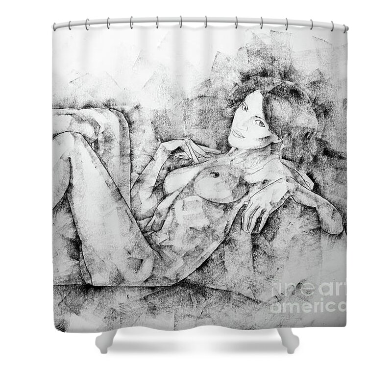 Art Shower Curtain featuring the drawing SketchBook Page 46 Drawing Woman Classical Sitting Pose by Dimitar Hristov