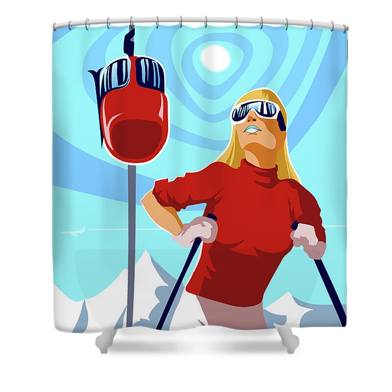 Retro Ski Poster Shower Curtain featuring the painting Ski Bunny retro ski poster by Sassan Filsoof