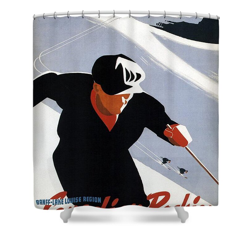 Skiing Shower Curtain featuring the mixed media Skiing in the Canadian Rockies - Canadian Pacific - Retro Travel Poster - Vintage Poster by Studio Grafiikka