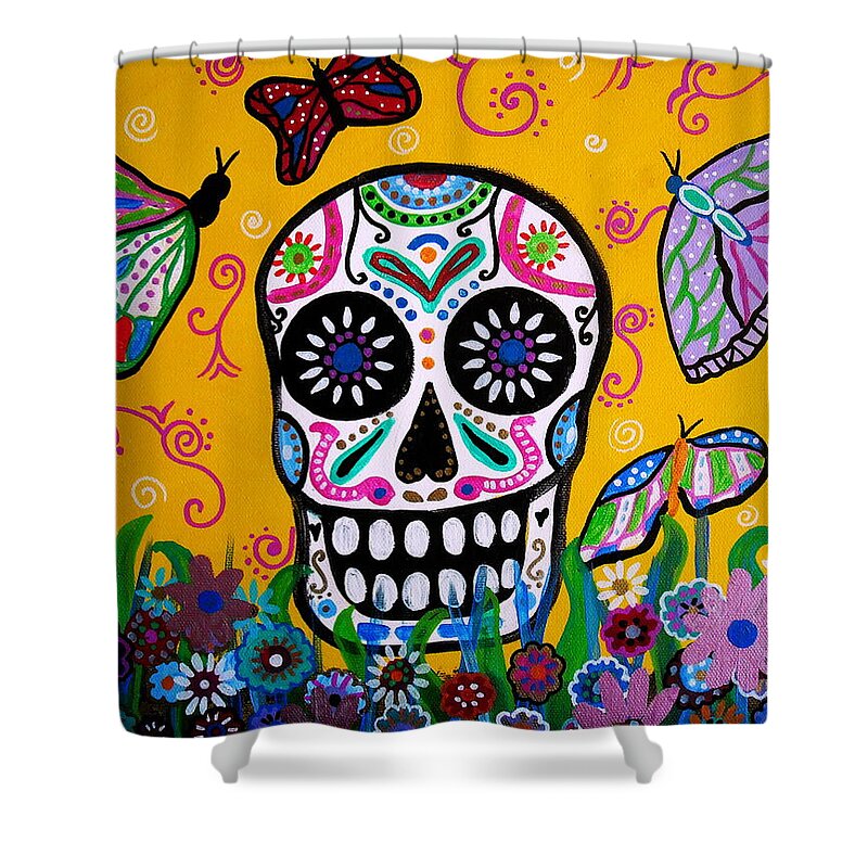 Dia Shower Curtain featuring the painting Skull And Butterflies by Pristine Cartera Turkus