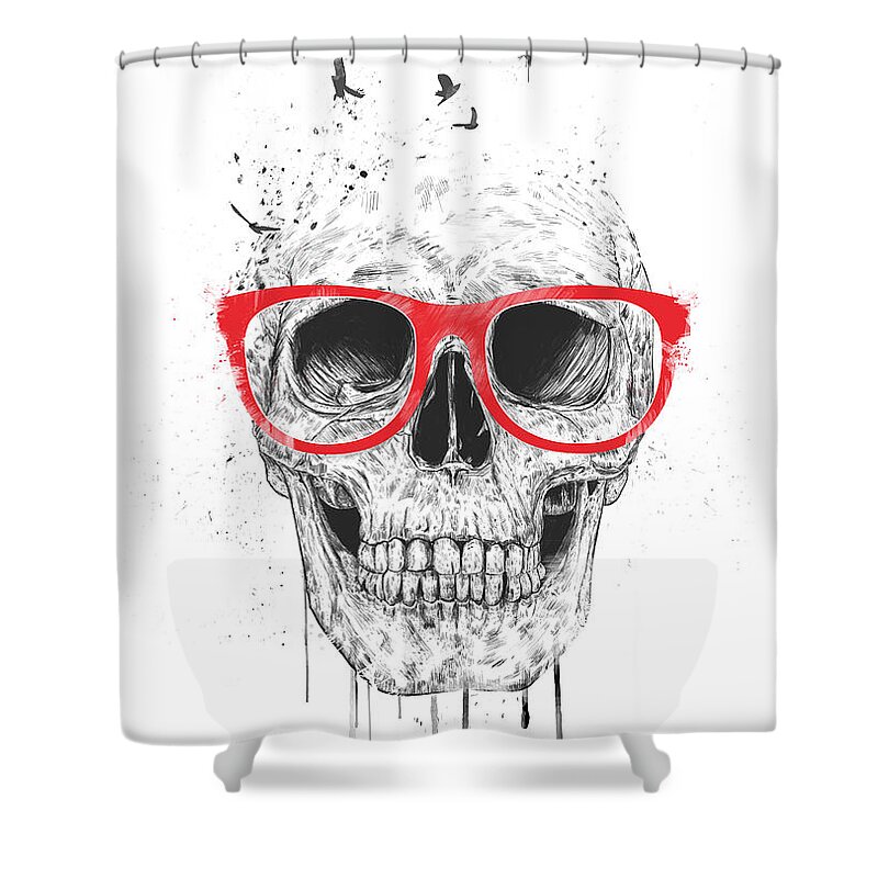 Skull Shower Curtain featuring the mixed media Skull with red glasses by Balazs Solti