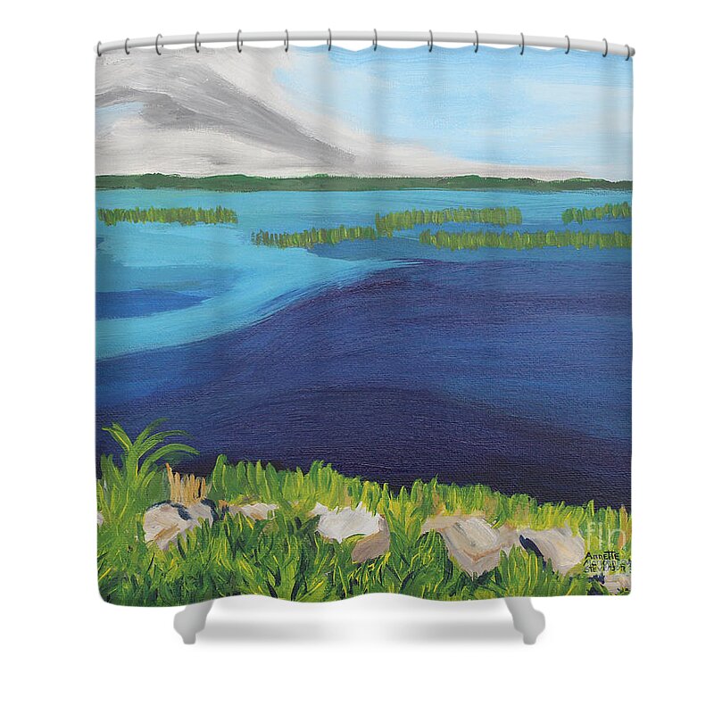 Serene Blue Lake Shower Curtain featuring the painting Serene Blue Lake by Annette M Stevenson