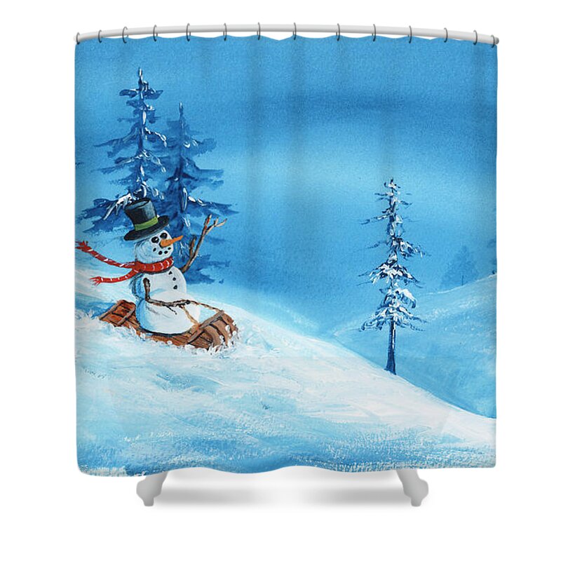 Winter Shower Curtain featuring the painting Sledding Snowman by Darice Machel McGuire