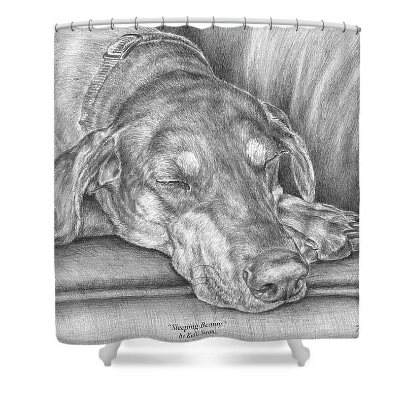 Doberman Shower Curtain featuring the drawing Sleeping Beauty - Doberman Pinscher Dog Art Print by Kelli Swan