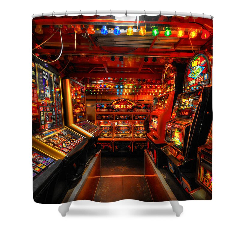  Yhun Suarez Shower Curtain featuring the photograph Slot Machines by Yhun Suarez