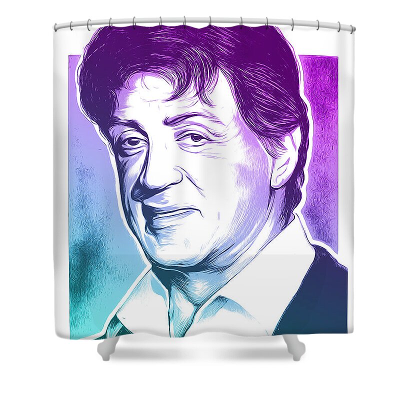 Sly Stallone Shower Curtain featuring the mixed media Sly Stallone by Greg Joens