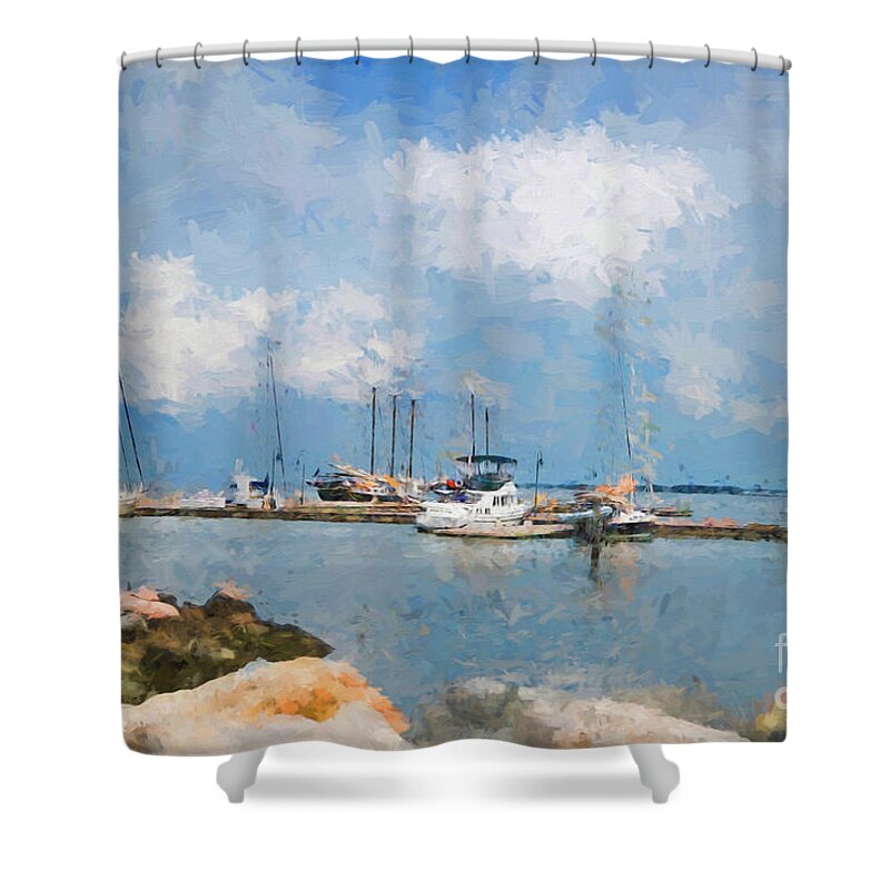 Sea Shower Curtain featuring the digital art Small Dock with Boats by Ed Taylor