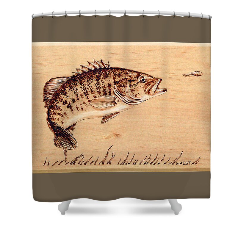 Fish Shower Curtain featuring the pyrography Small Mouth Bass by Ron Haist