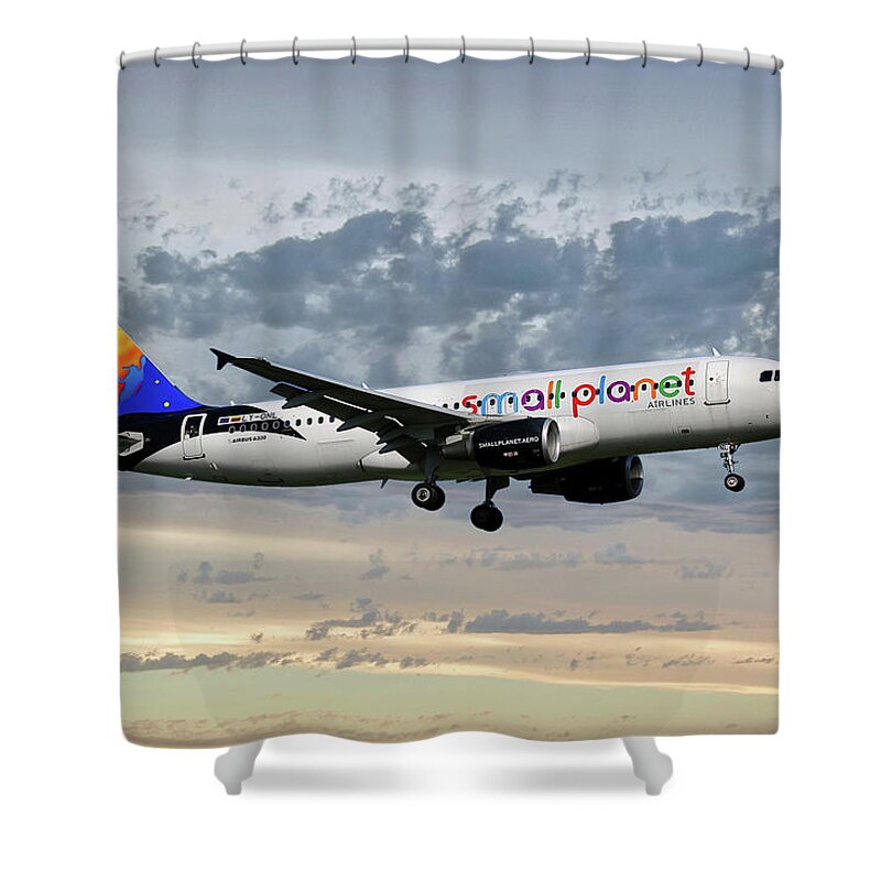 Small Planet Shower Curtain featuring the photograph Small Planet Airlines Airbus A320-214 by Smart Aviation