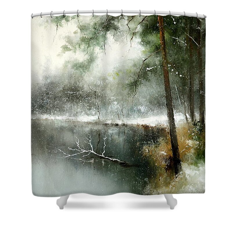 Russian Artists New Wave Shower Curtain featuring the painting Small River in the Forest by Igor Medvedev
