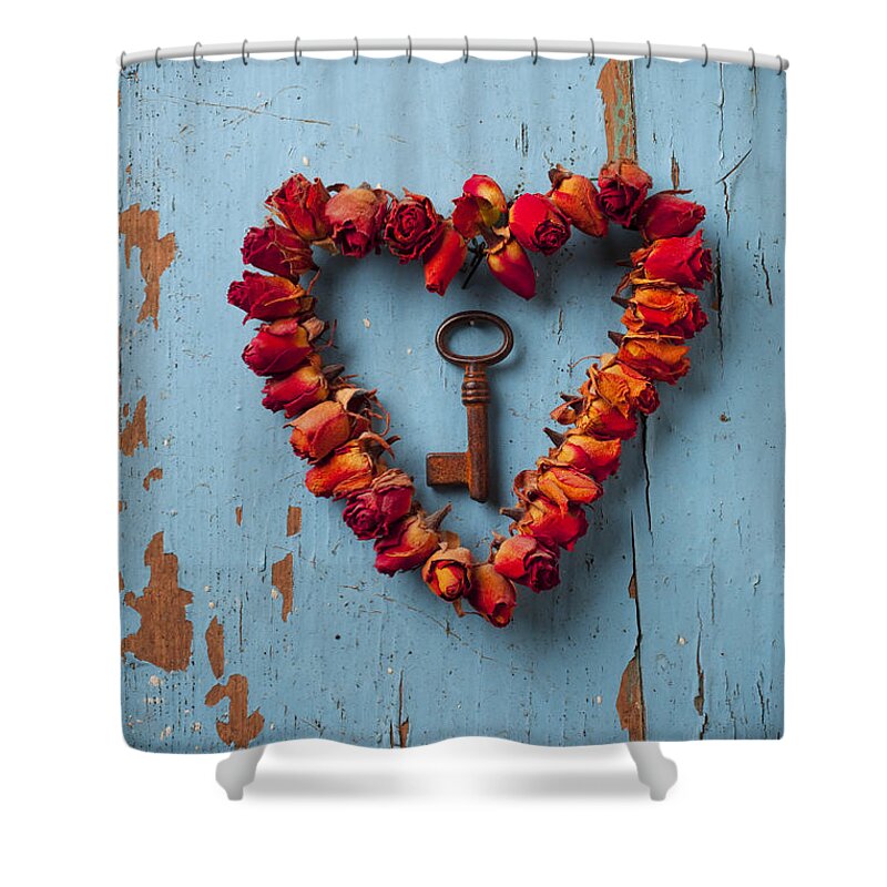 Love Rose Heart Wreath Key Shower Curtain featuring the photograph Small rose heart wreath with key by Garry Gay