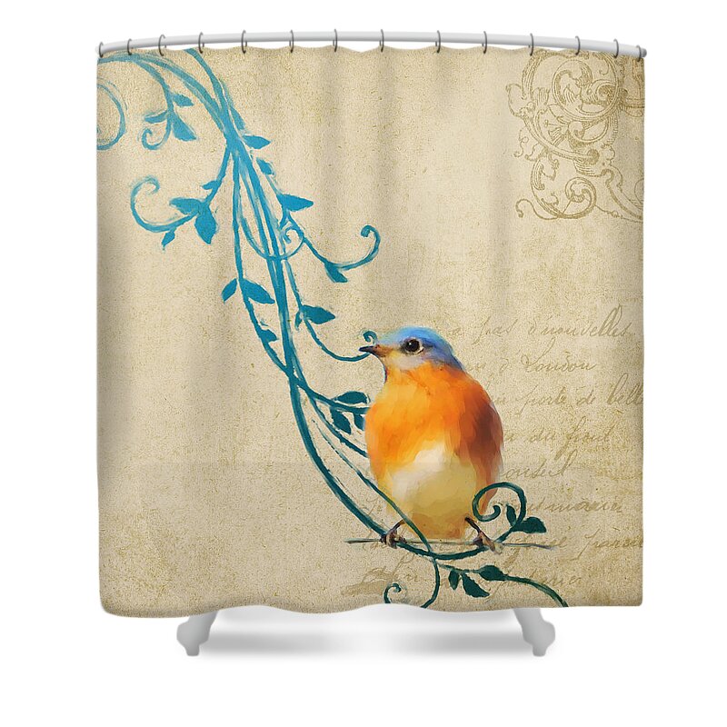 French Shower Curtain featuring the painting Small Vintage Bluebird with Leaves by Jai Johnson