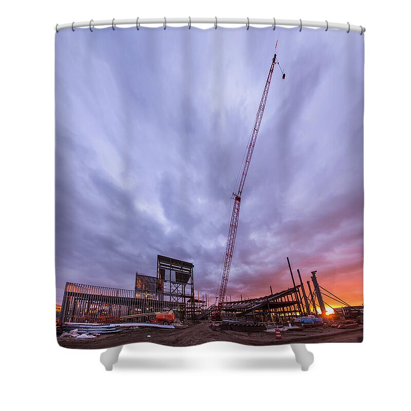 Smart Shower Curtain featuring the photograph Smart Financial Centre Construction Sunset Sugar Land Texas 10 26 2015 by Micah Goff
