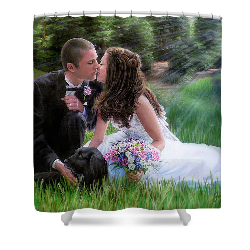Wedding Shower Curtain featuring the painting Smith Wedding Portrait by Jane Girardot