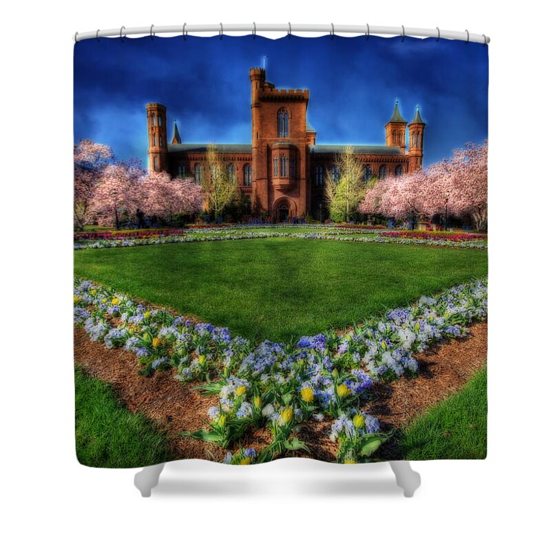 Cherry Shower Curtain featuring the photograph Spring Blooms in the Smithsonian Castle Garden by Shelley Neff