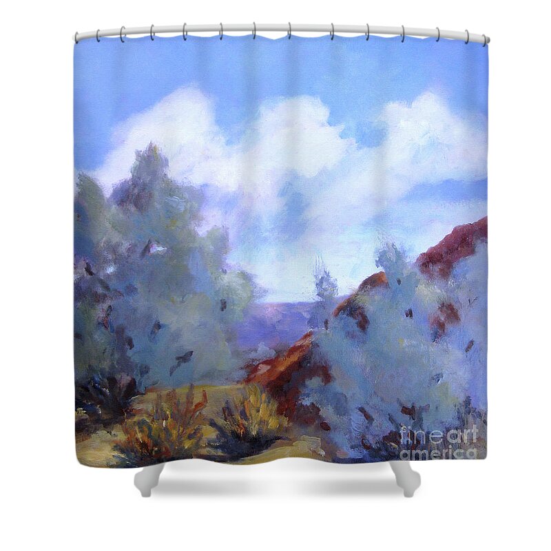 Landscape Shower Curtain featuring the painting Smoke Trees in Bloom in Palm Desert by Maria Hunt