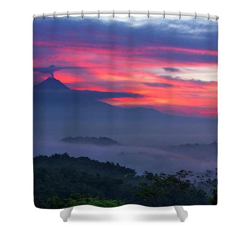 Landscape Shower Curtain featuring the photograph Smoking volcano and Borobudur temple by Pradeep Raja Prints