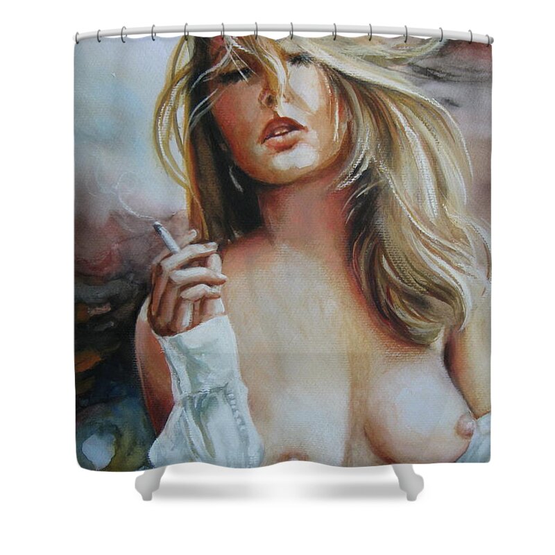 Wwoman Shower Curtain featuring the painting Smoking woman by Elena Oleniuc
