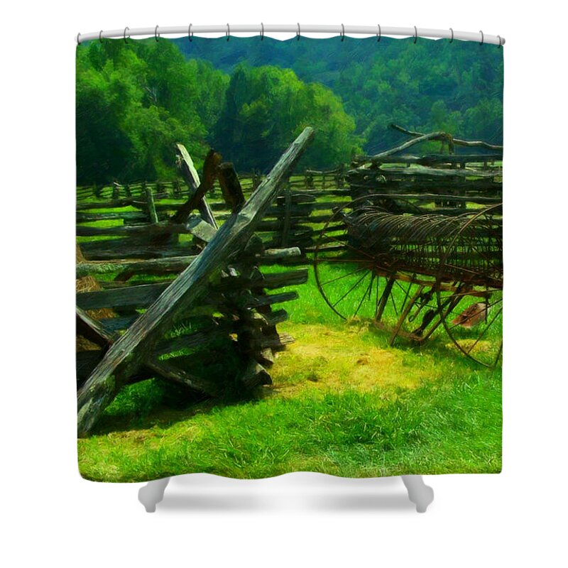Digital Art Shower Curtain featuring the digital art Smoky Mountain farm 1900s by Flees Photos