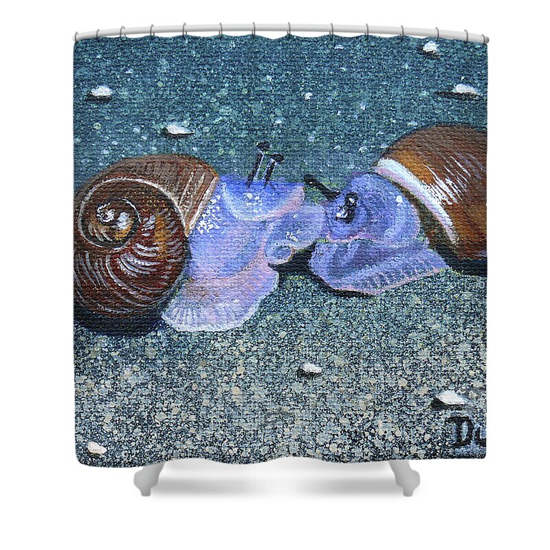 European Brown Snail Shower Curtain featuring the painting Snail Kisses by Susan Duda