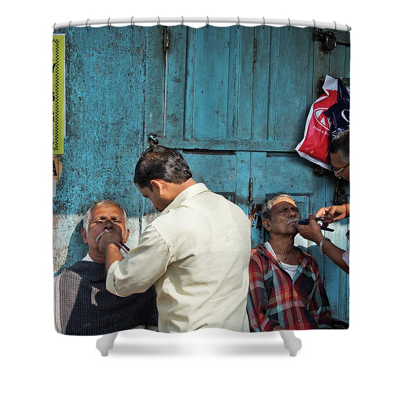 Street Side Barbershop In The Back Streets Of Mumbai. Shower Curtain featuring the photograph Snip and tuck by Marion Galt