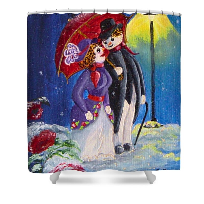 Snow Shower Curtain featuring the painting Snow Couple by Quwatha Valentine