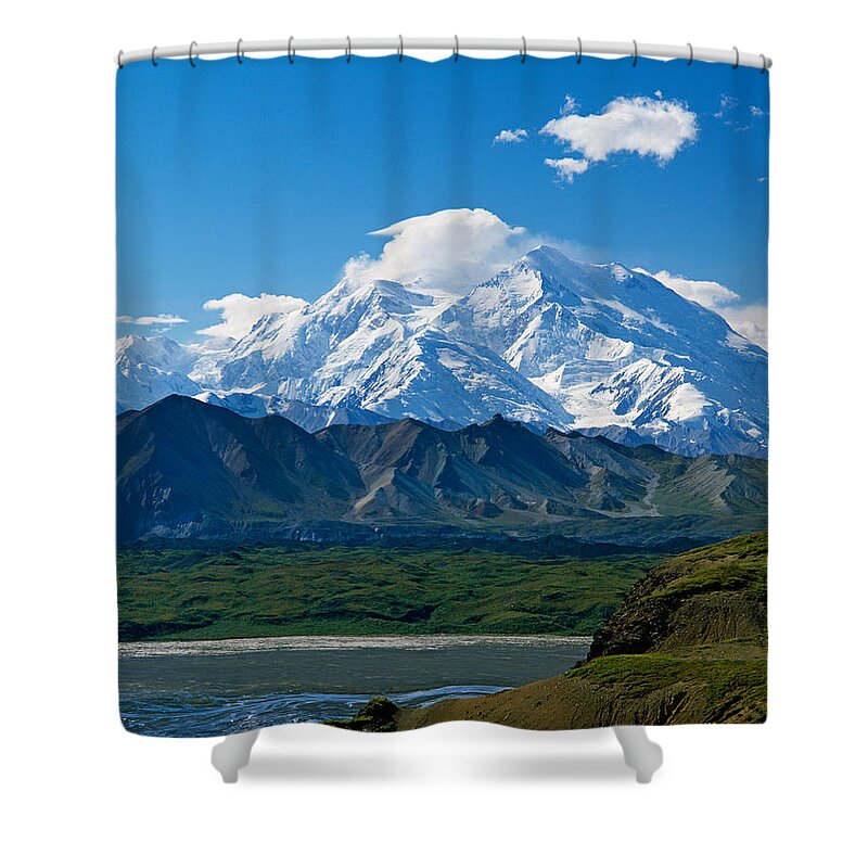 Photography Shower Curtain featuring the photograph Snow-covered Mount Mckinley, Blue Sky by Panoramic Images