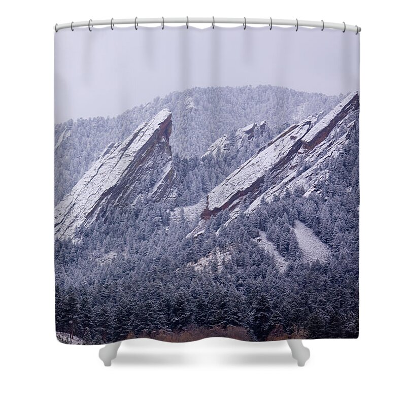 Snow Shower Curtain featuring the photograph Snow Dusted Flatirons Boulder Colorado by James BO Insogna