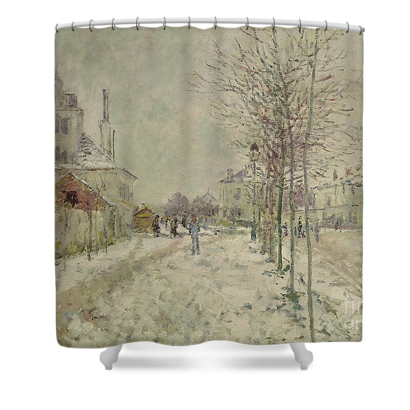 Snow Effect Shower Curtain featuring the painting Snow Effect by Monet by Claude Monet
