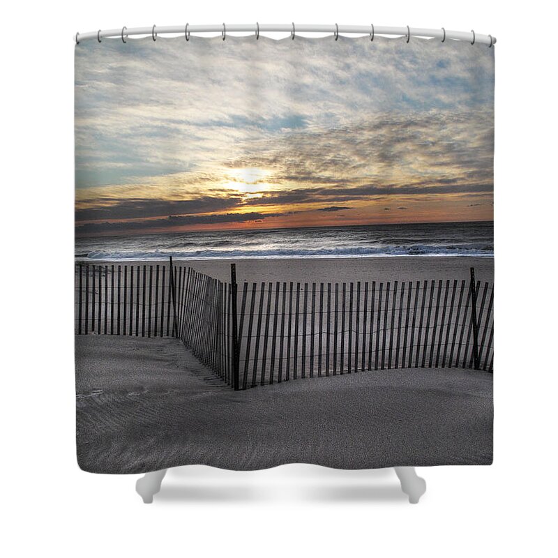 Snow Fence Shower Curtain featuring the photograph Snow Fence at Coopers Beach by Steve Gravano