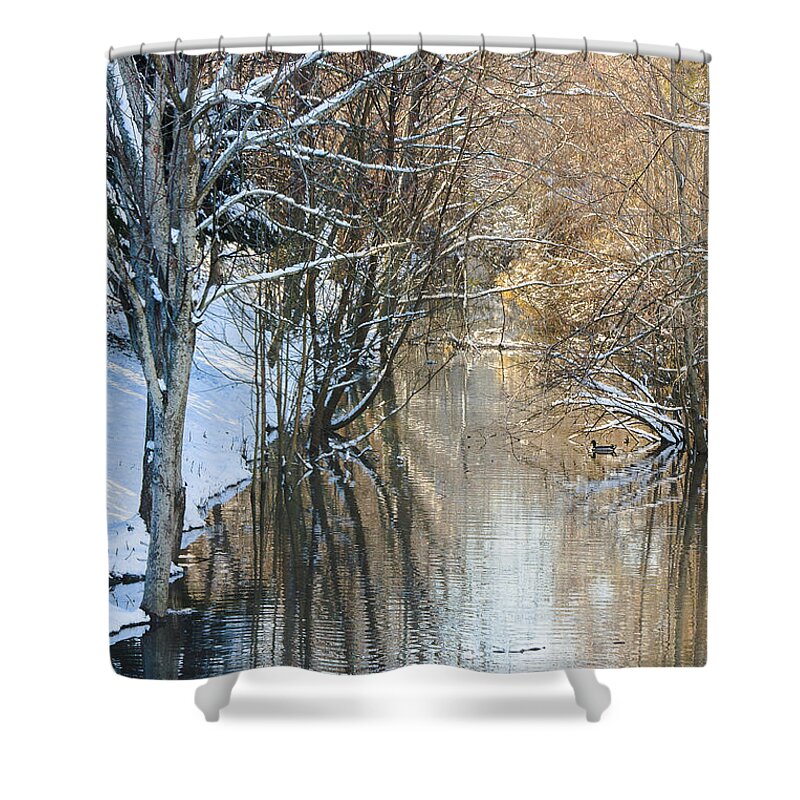 Reflections Shower Curtain featuring the photograph Snow in the Channel by Joni Eskridge