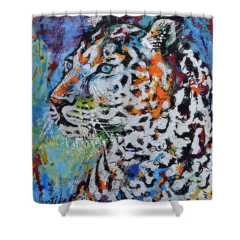 Leopard Shower Curtain featuring the painting Snow Leopard by Jyotika Shroff