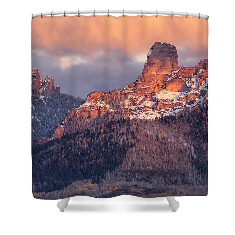 Chimney Rock Shower Curtain featuring the photograph Snow On Chimney Rock by Denise Bush