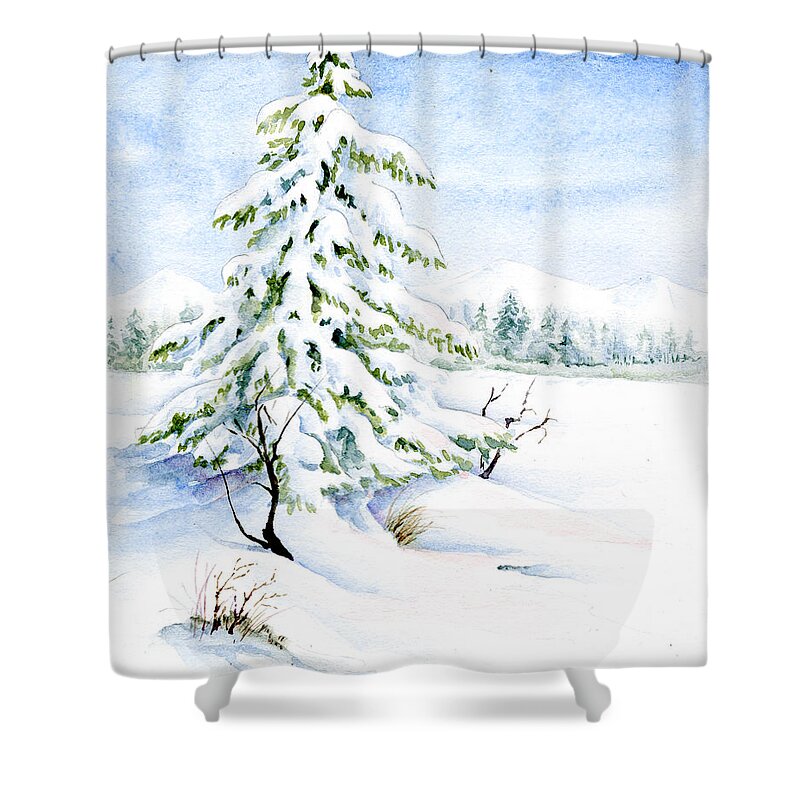Watercolor Painting Shower Curtain featuring the painting Snow On Evergreens by Karla Beatty