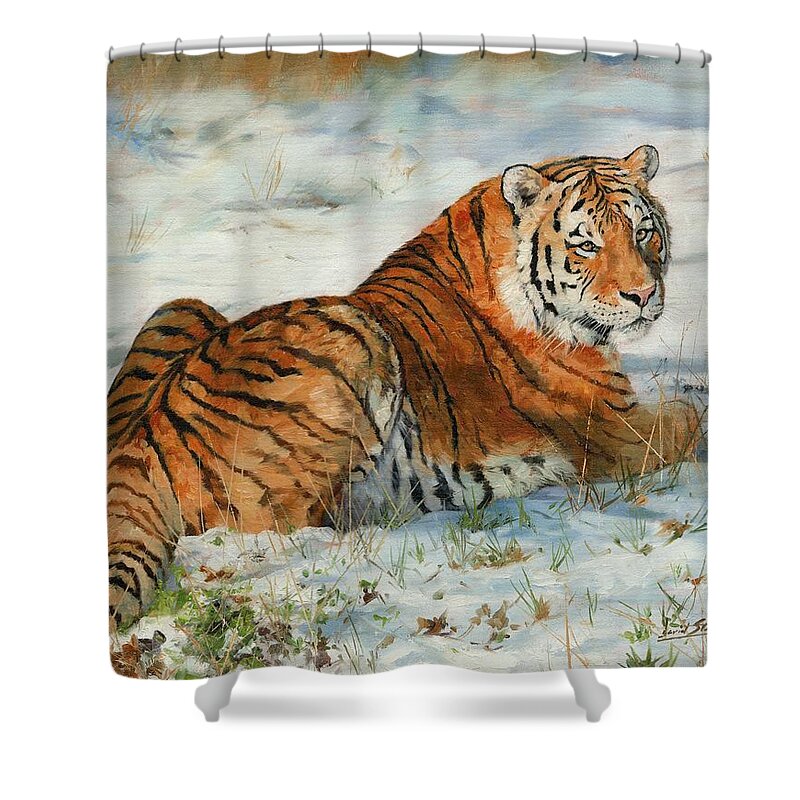 Tiger Shower Curtain featuring the painting Snow Tiger by David Stribbling