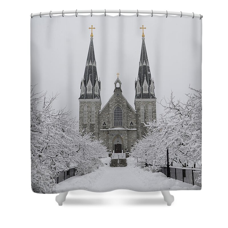 Snow Shower Curtain featuring the photograph Snow - Villanova Cathedral by Bill Cannon