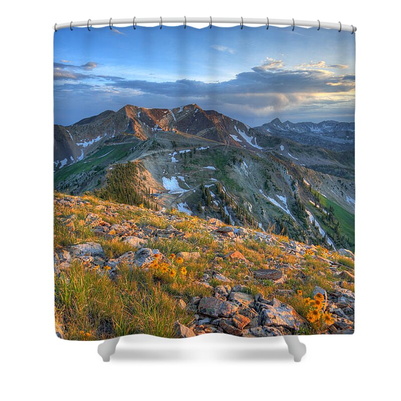 Landscape Shower Curtain featuring the photograph Snowbird Sunset View from Mount Baldy by Brett Pelletier