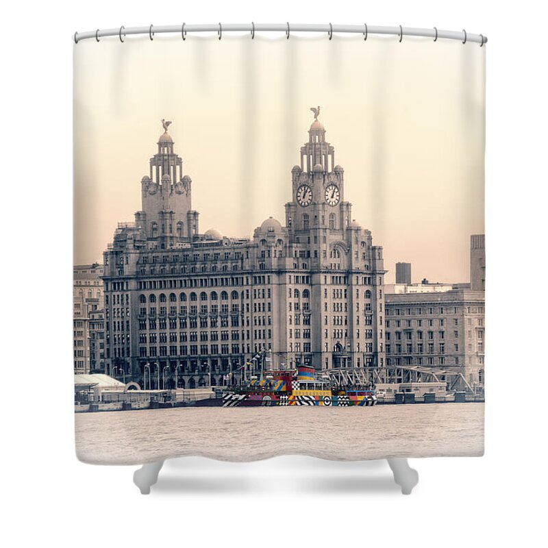 Pier Shower Curtain featuring the photograph Snowdrop Dazzles in front of the Liverbirds by Spikey Mouse Photography