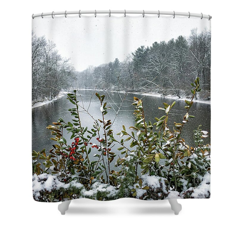 Drake Hill Flower Bridge Shower Curtain featuring the photograph Snowfall on Drake Hill Bridge by Lorraine Cosgrove