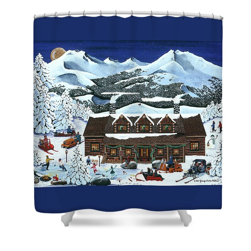 Snowmobiles Shower Curtain featuring the painting Snowmobile Holiday by Jennifer Lake