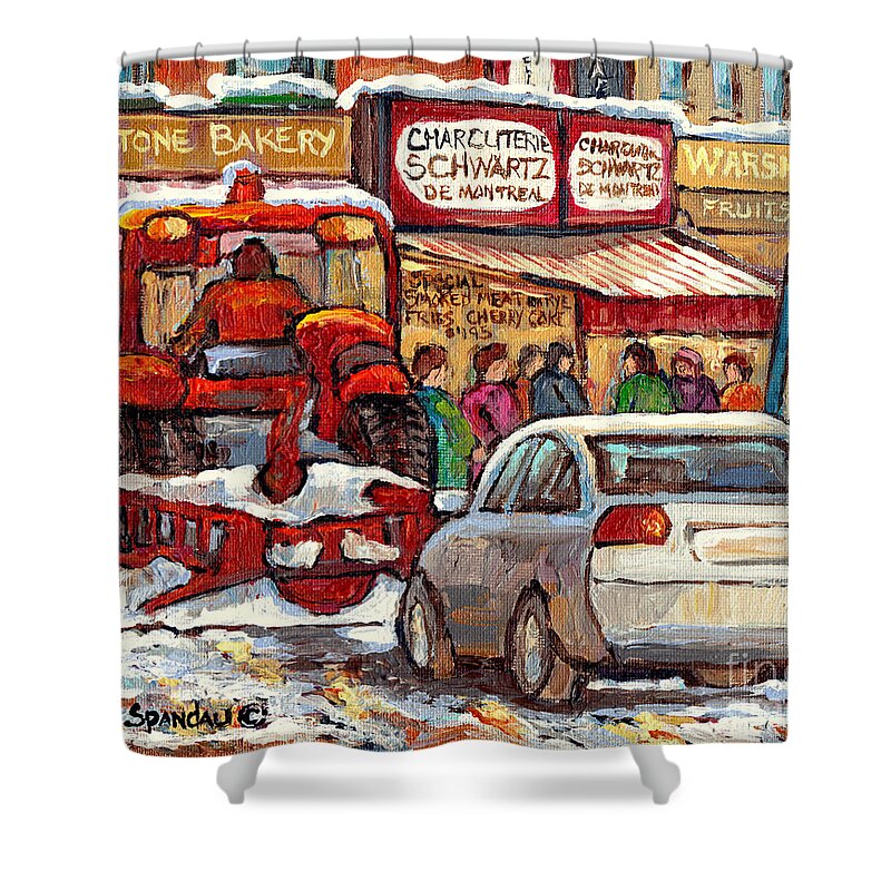 Montreal Shower Curtain featuring the painting Snowplow Winter Scene Painting For Sale 80 Bus To Schwartz Deli C Spandau Richstone Warshaw Art   by Carole Spandau