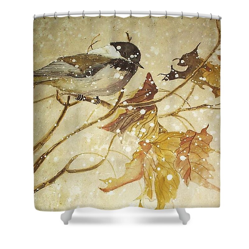 Winter Shower Curtain featuring the painting Snowy bird by Darren Cannell